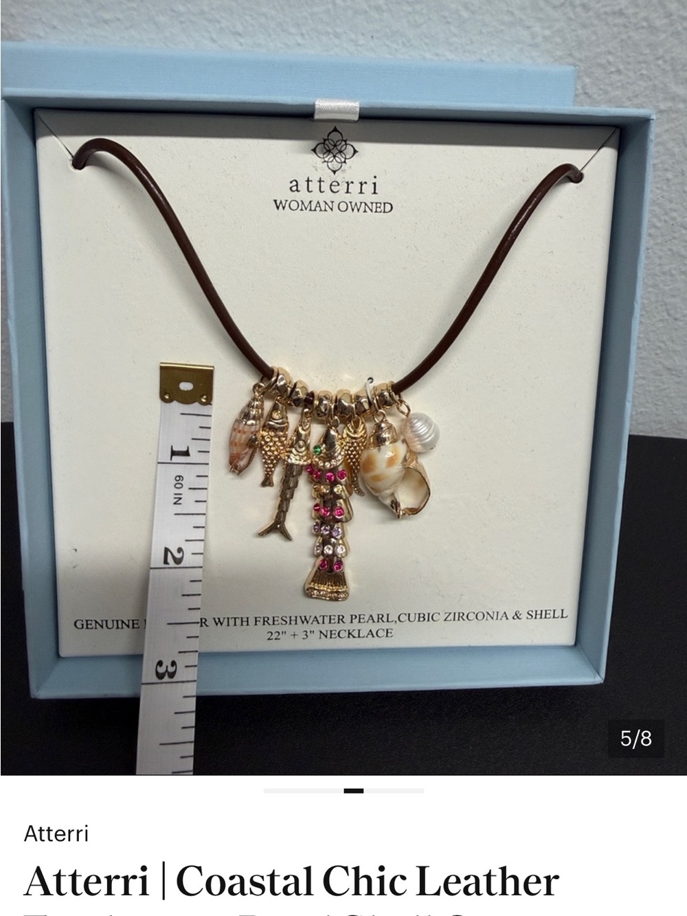 Atterri Coastal Chic Leather Necklace - Brown with Gold & Pearl Accents - Picture 5 of 13